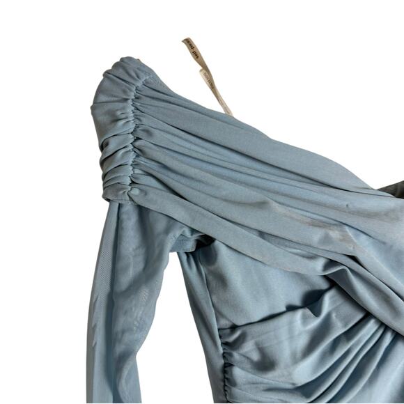 Self-Portrait Pale Blue Jersey Mesh Crossover Off the Shoulder Long Sleeve Top 0 - Picture 5 of 10